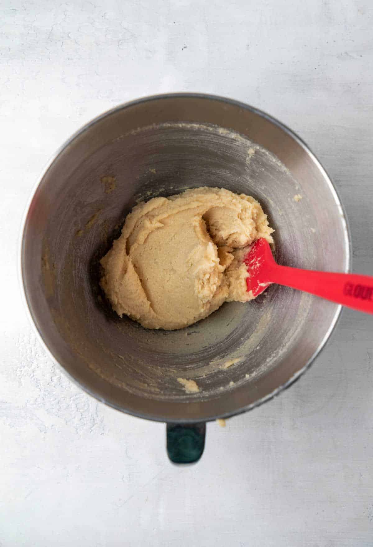 Creamed butter and sugar in a mixing bowl. 