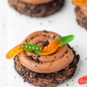 Chocolate dirt cookies in a row.