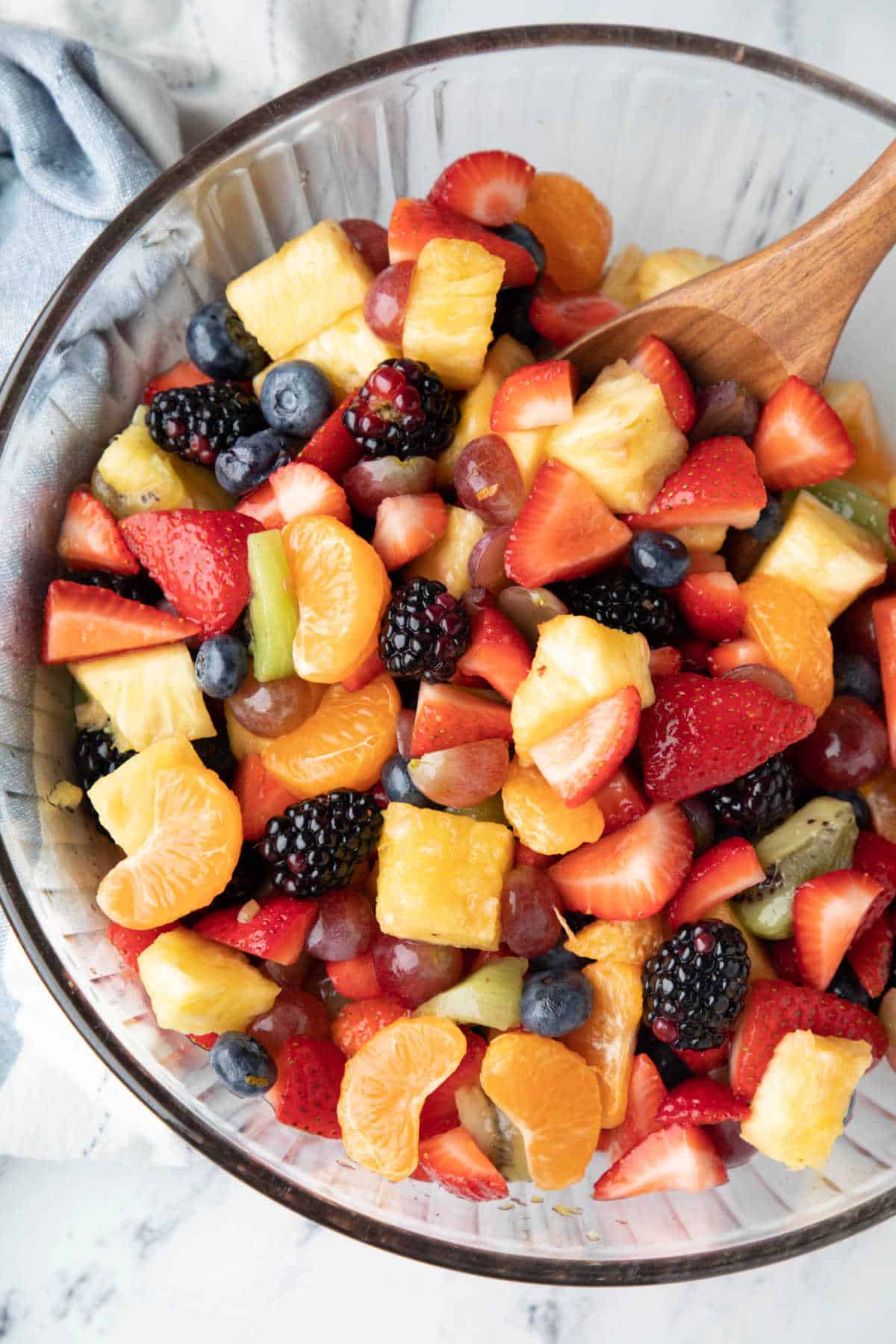 Overhead photo of a bowl of fruit salad. 