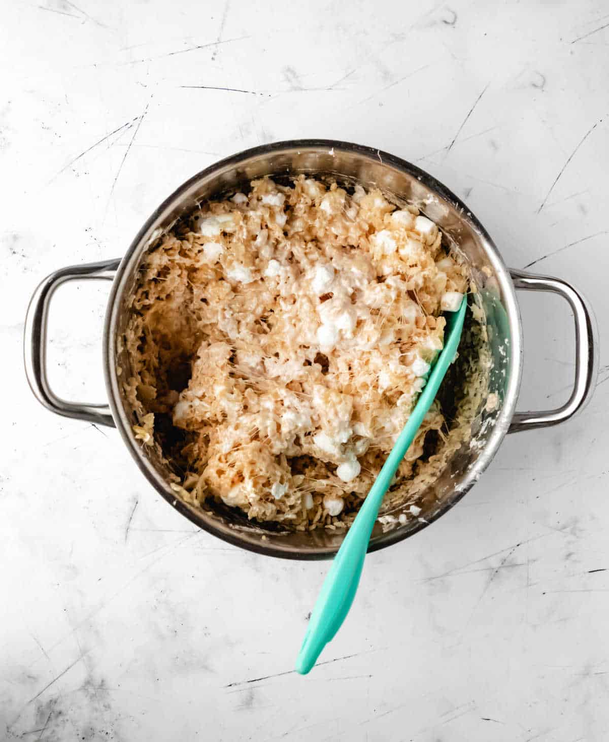 Rice Krispies treat mixture in a saucepot. 