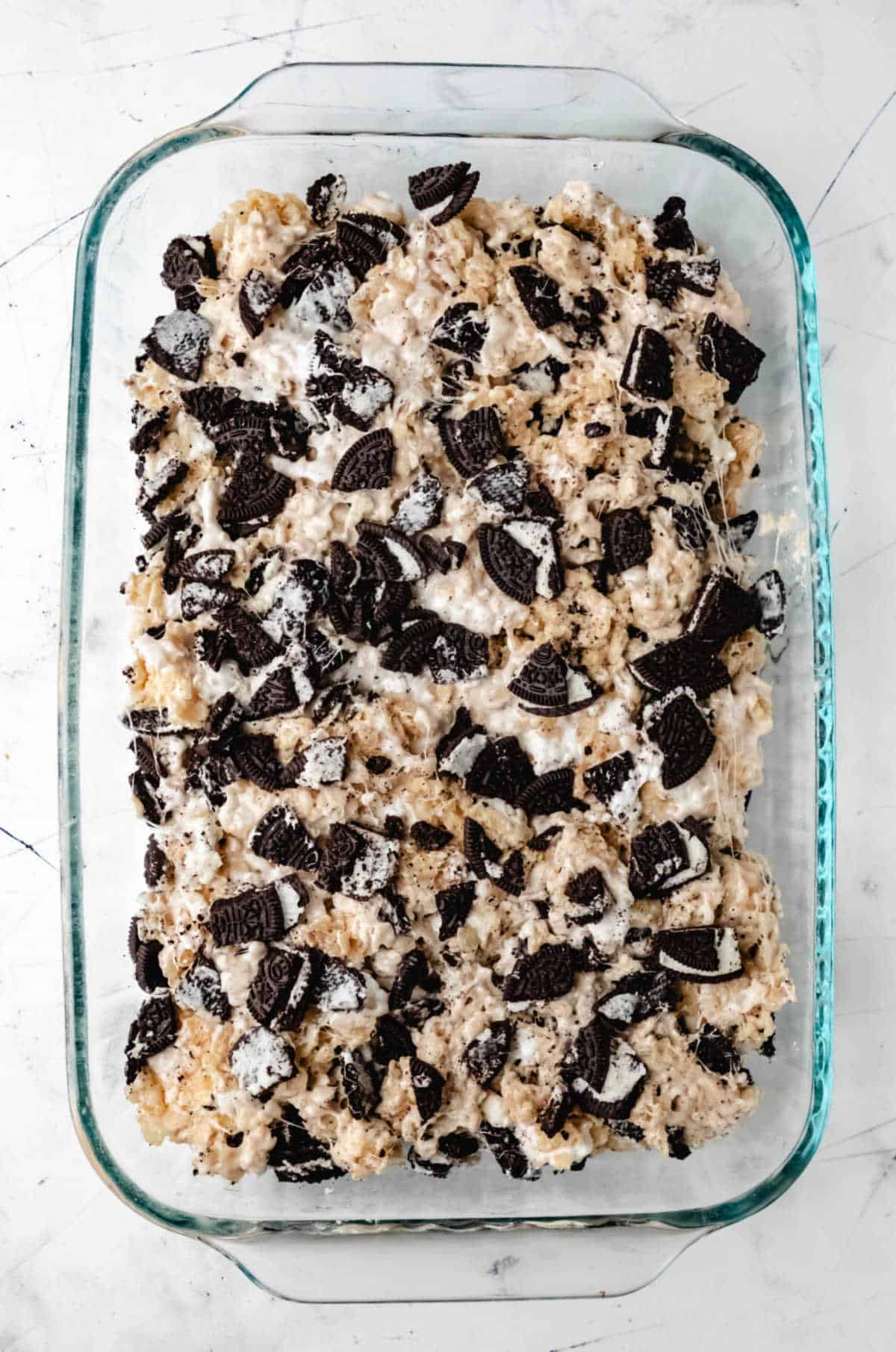 Oreo rice krispies in a glass pan. 