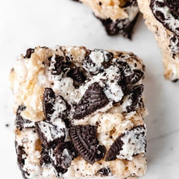 Oreo rice krispies treat on a piece of parchment paper.