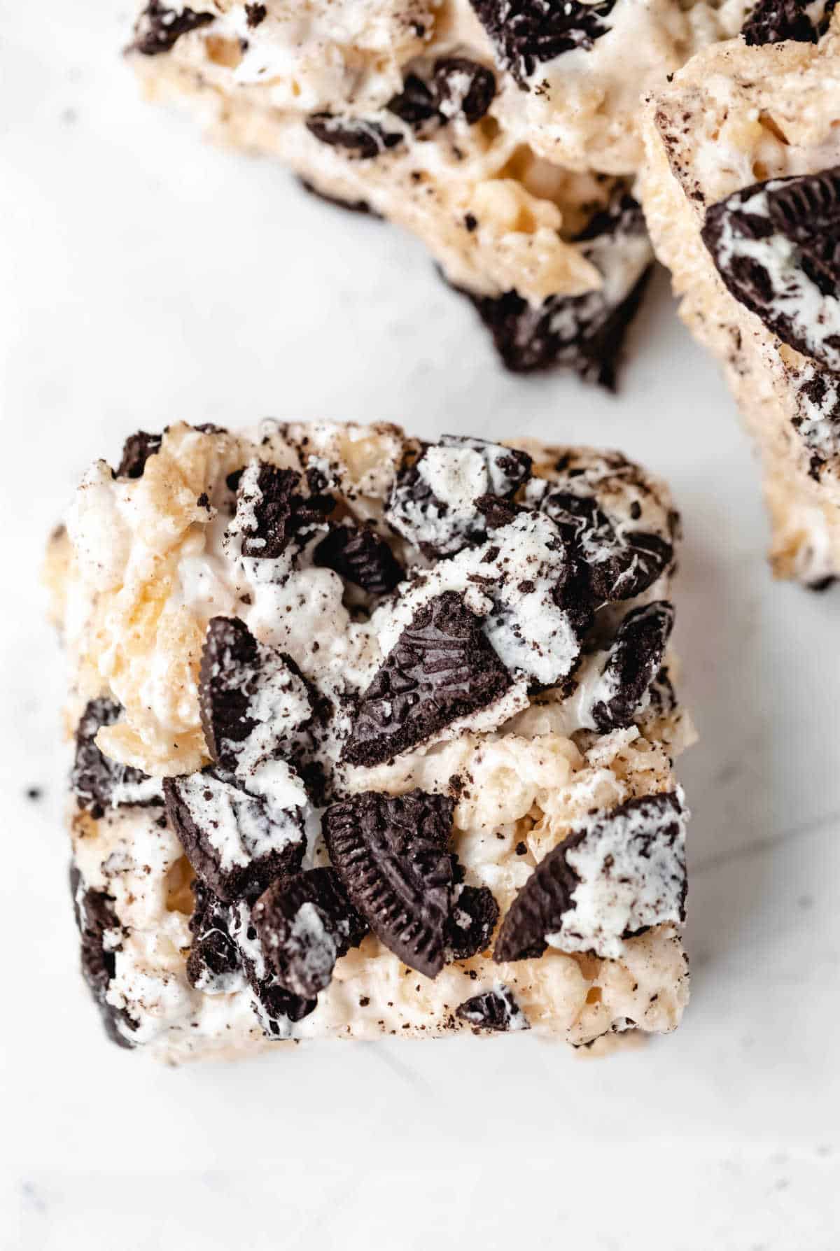 Oreo rice krispies treat on a piece of parchment paper.
