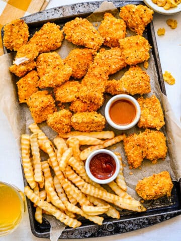 A large baking sheet with crunchy baked chicken nuggets and french fries on it.