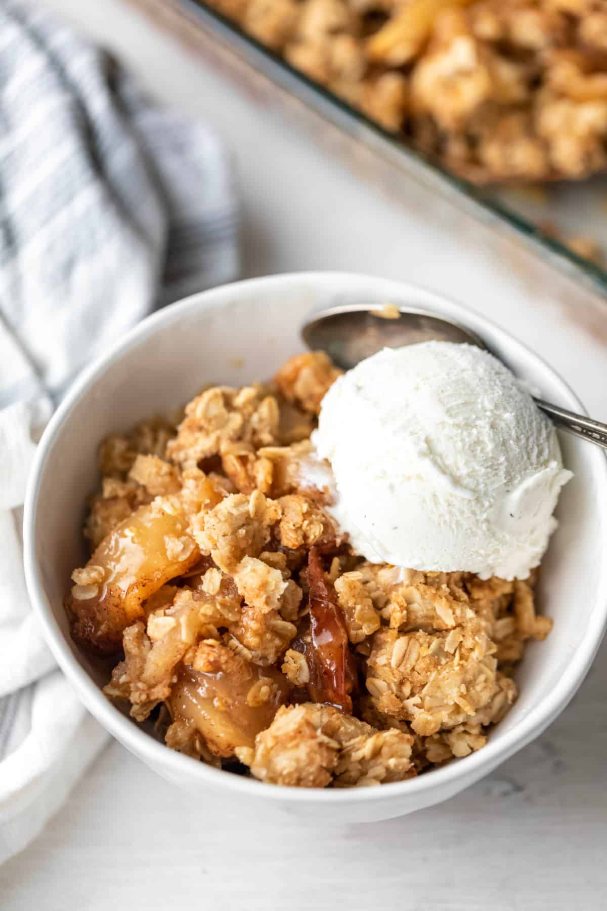 A bowl of apple crisp with a scoop of vanilla ice cream on the side. 