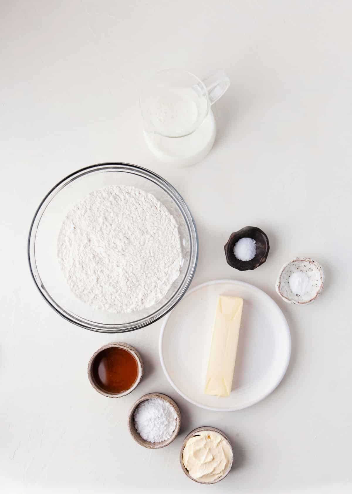 Ingredients for buttermilk biscuits in dishes.