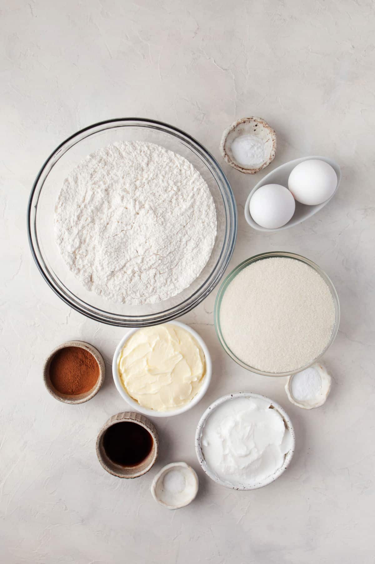Ingredients for snickerdoodle cookies in dishes. 