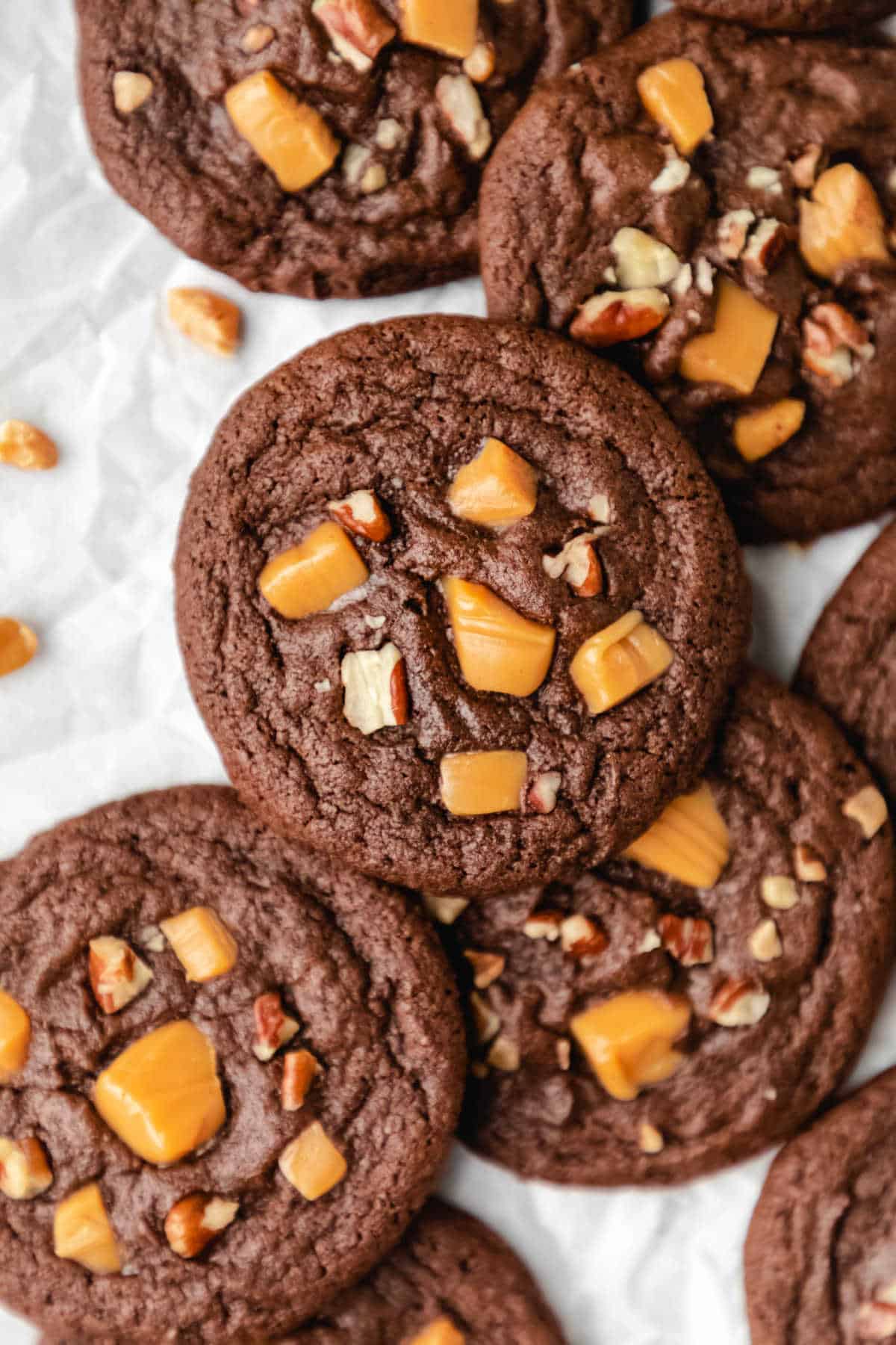 Turtle cookies next to pieces of caramel candy on a piece of parchment paper. 