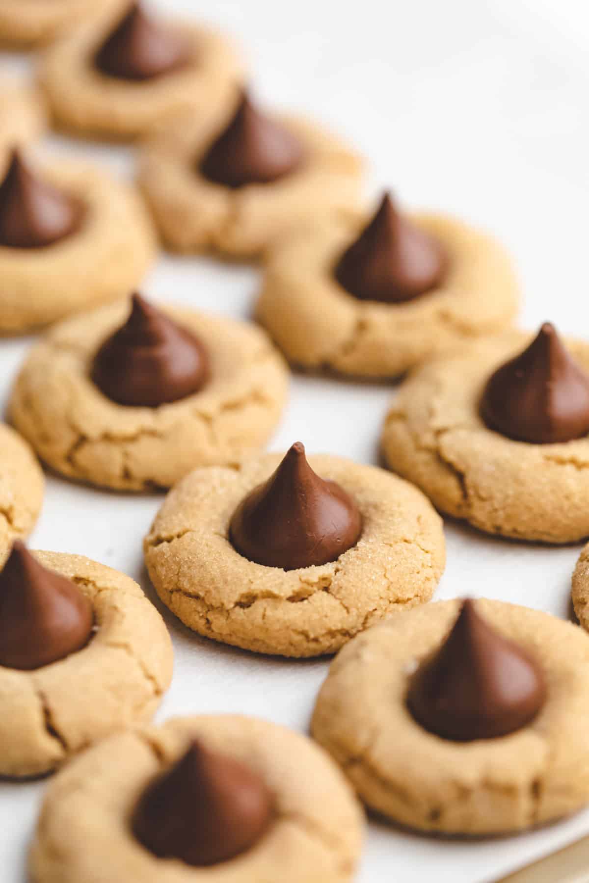 A diagonal row of peanut butter blossom cookies on a piece of parchment paper. 