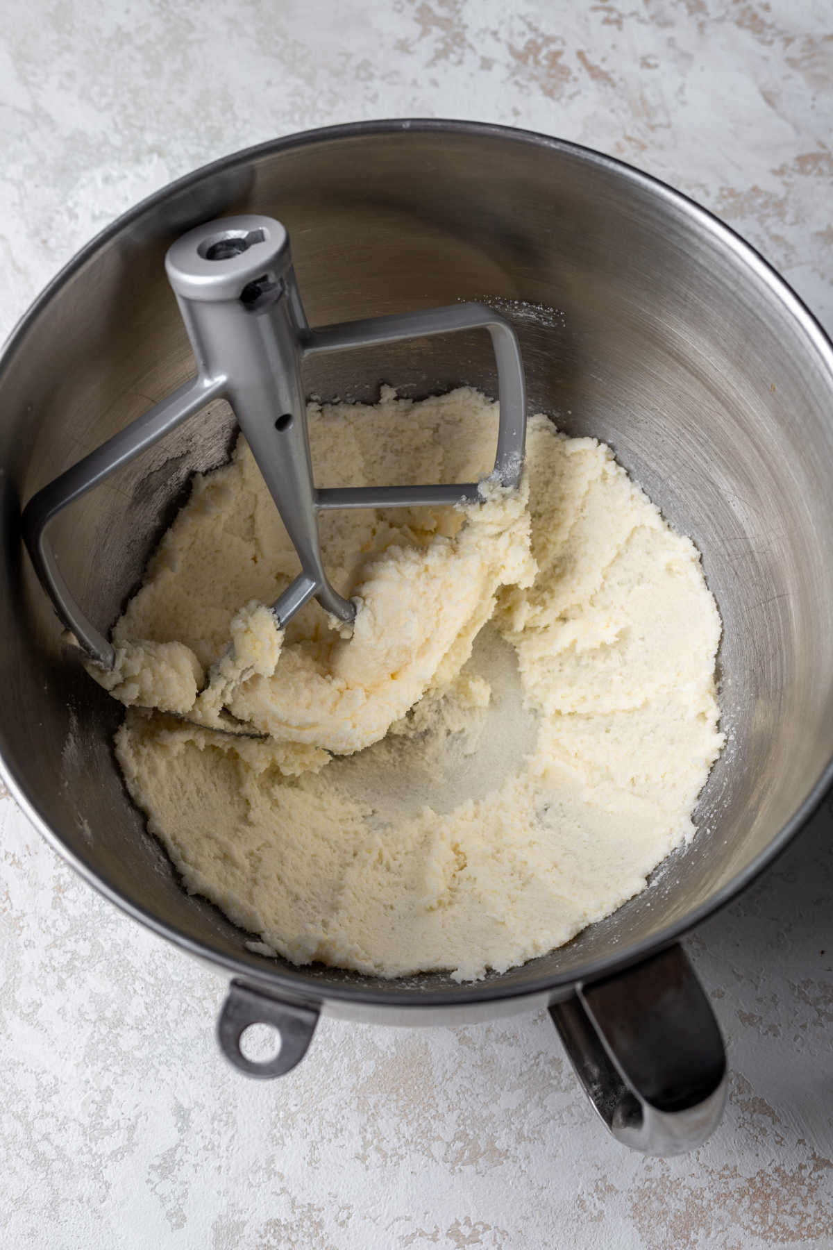 Creamed butter and sugar in a mixing bowl. 