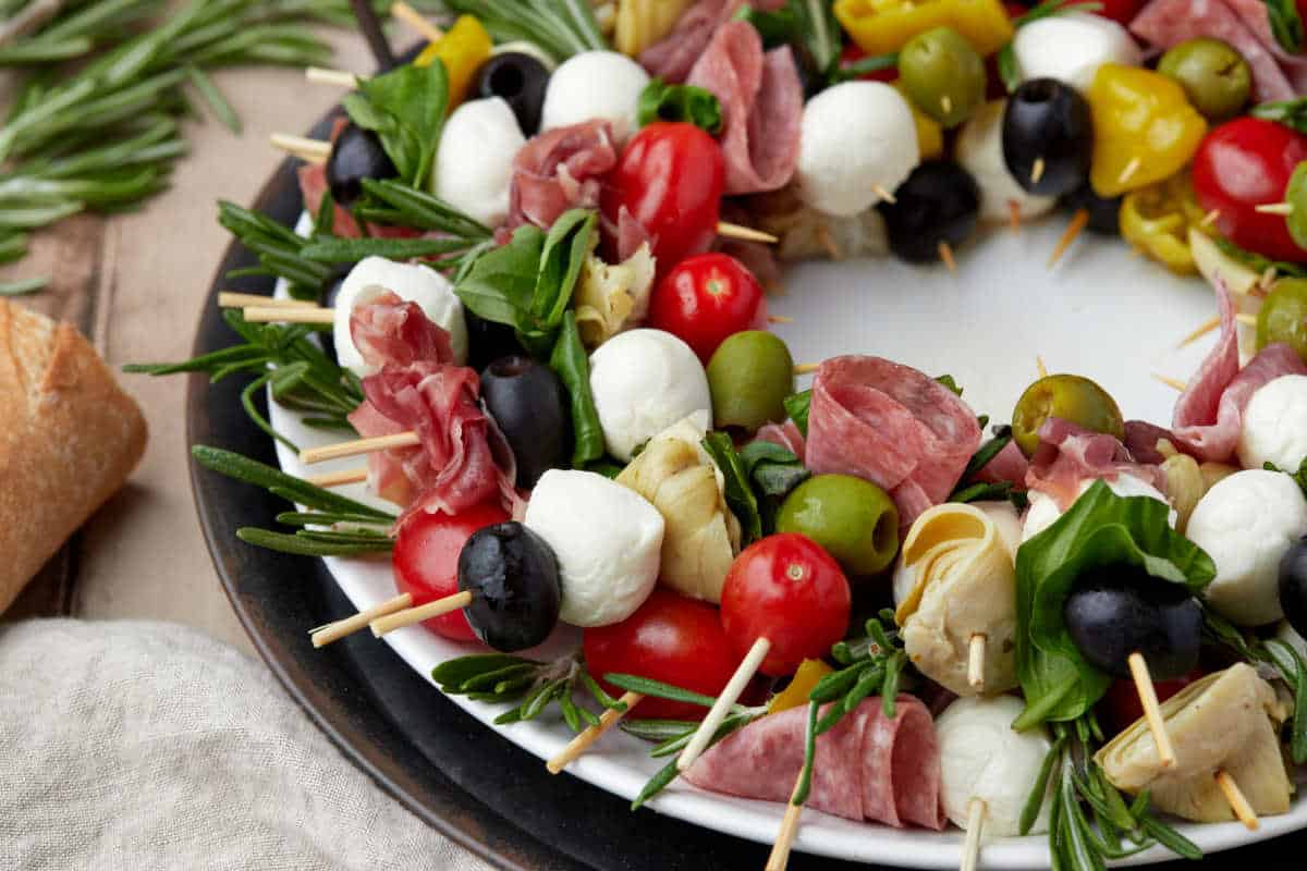 Close up photo of charcuterie wreath skewers. 