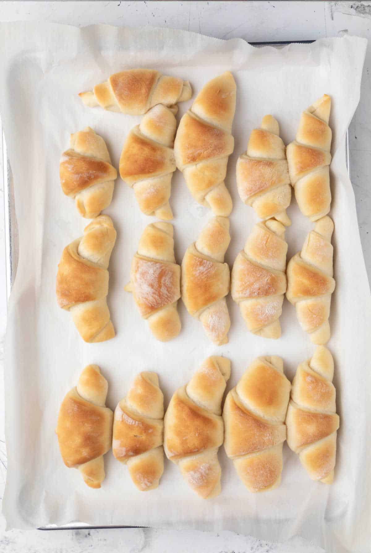 Baked crescent rolls on a baking sheet. 