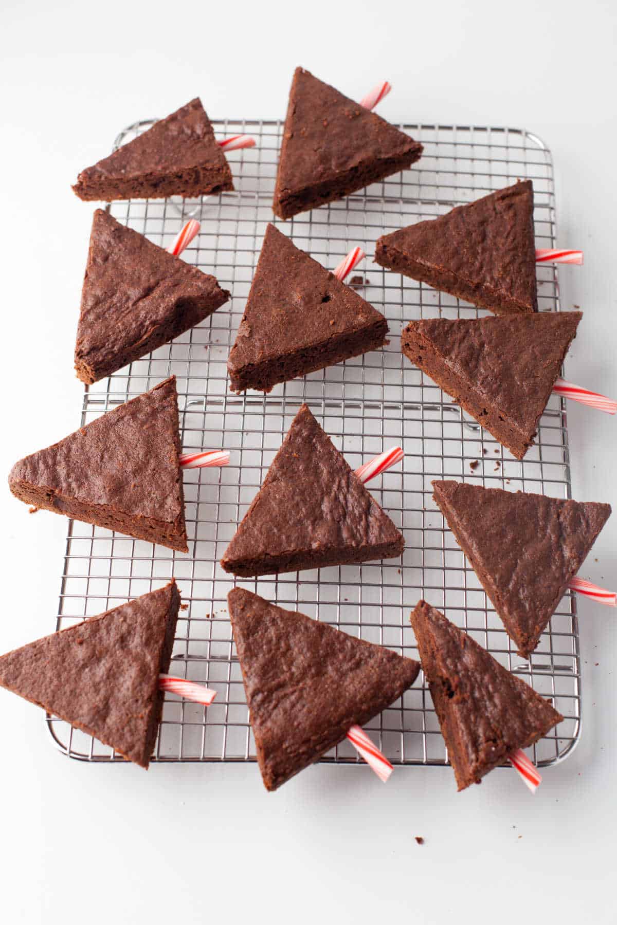 Candy canes in brownie triangles. 