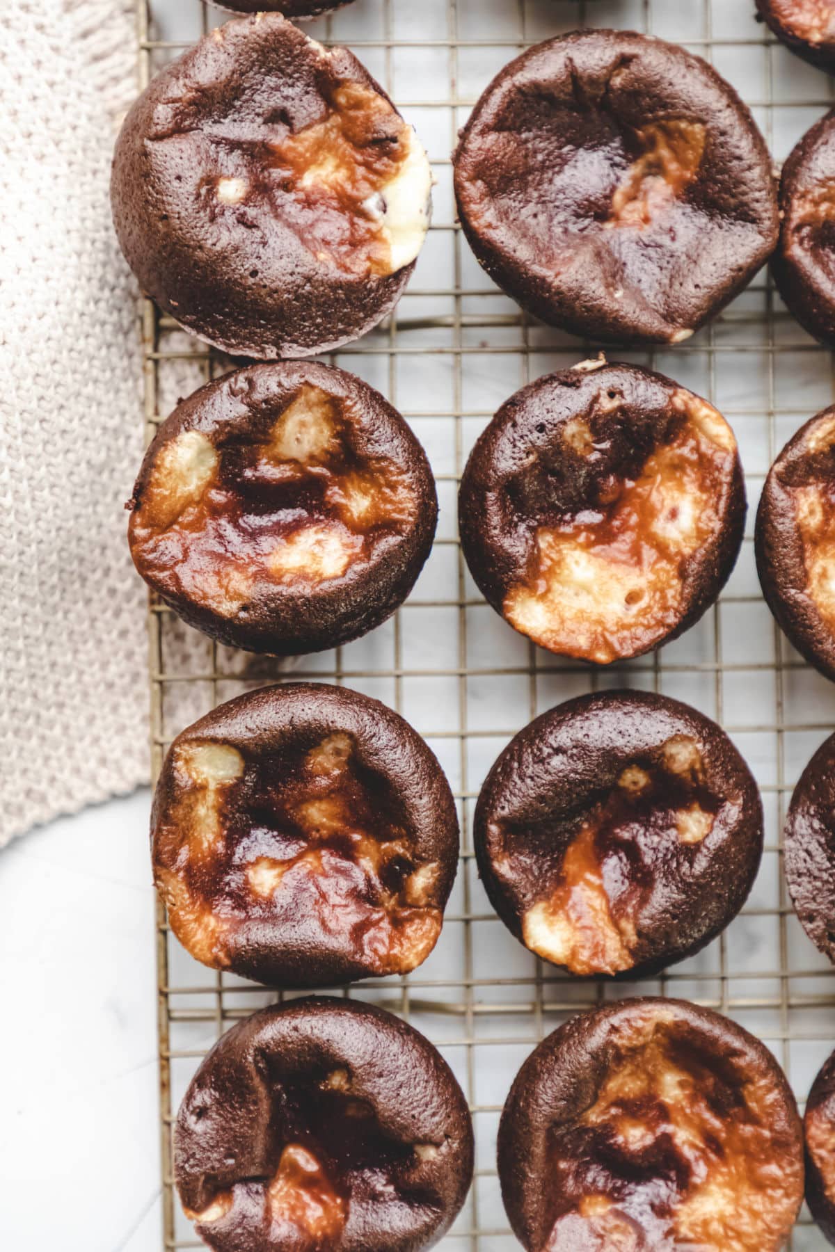 Two rows of chocolate cheesecake cupcakes on a wire cooling rack. 