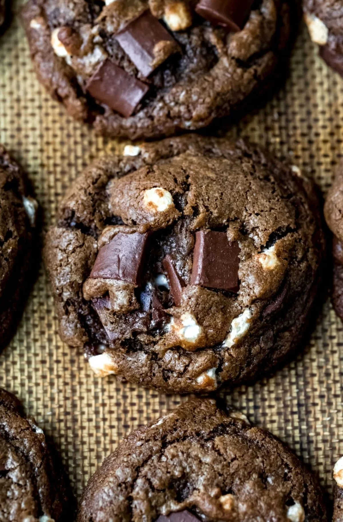 Hot Chocolate Cookies Close up of hot chocolate cookies on a silicone baking mat.
