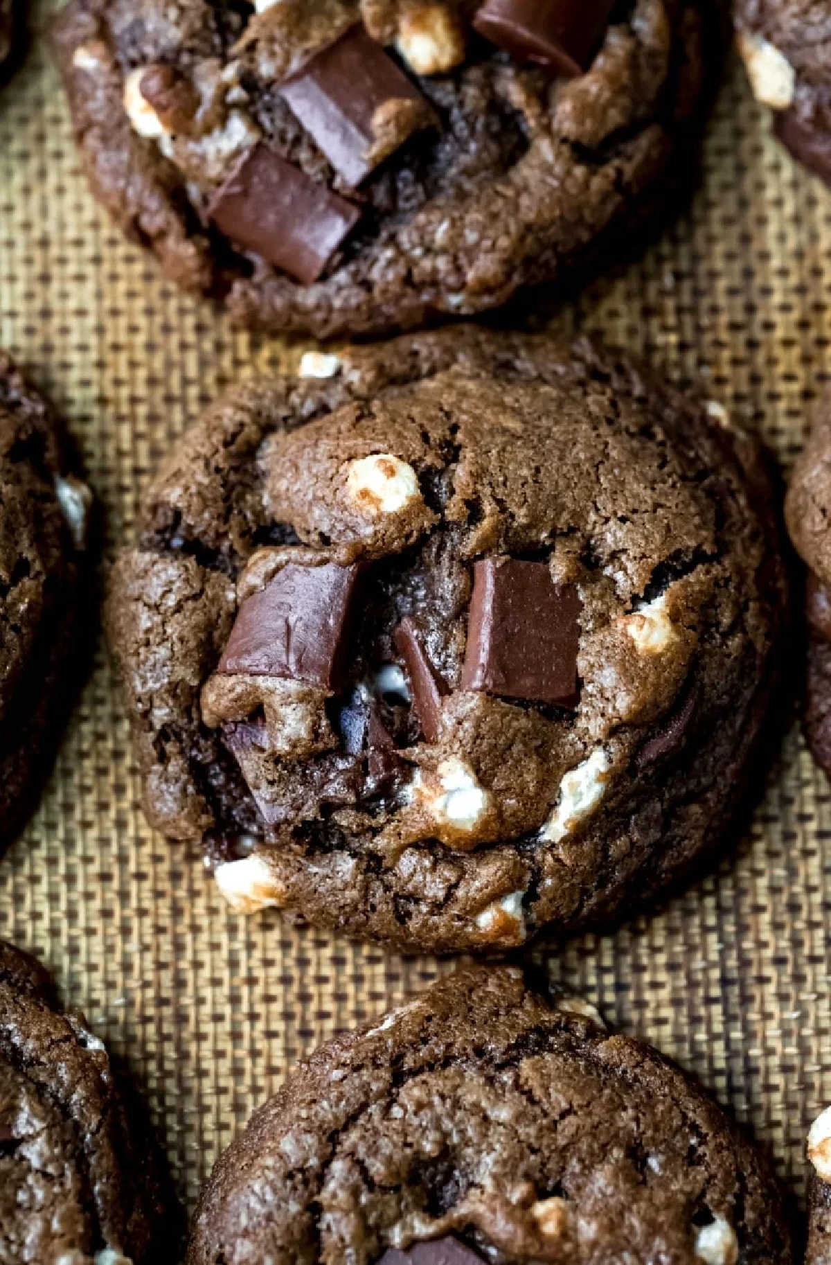 Close up of hot chocolate cookies on a silicone baking mat.