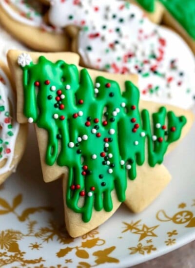 Close up no chill sugar cookie shaped like a Christmas tree.