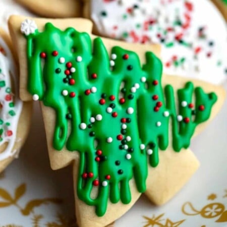 Close up no chill sugar cookie shaped like a Christmas tree.