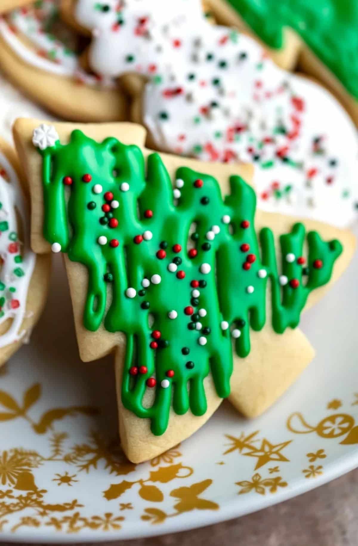 Close up no chill sugar cookie shaped like a Christmas tree.