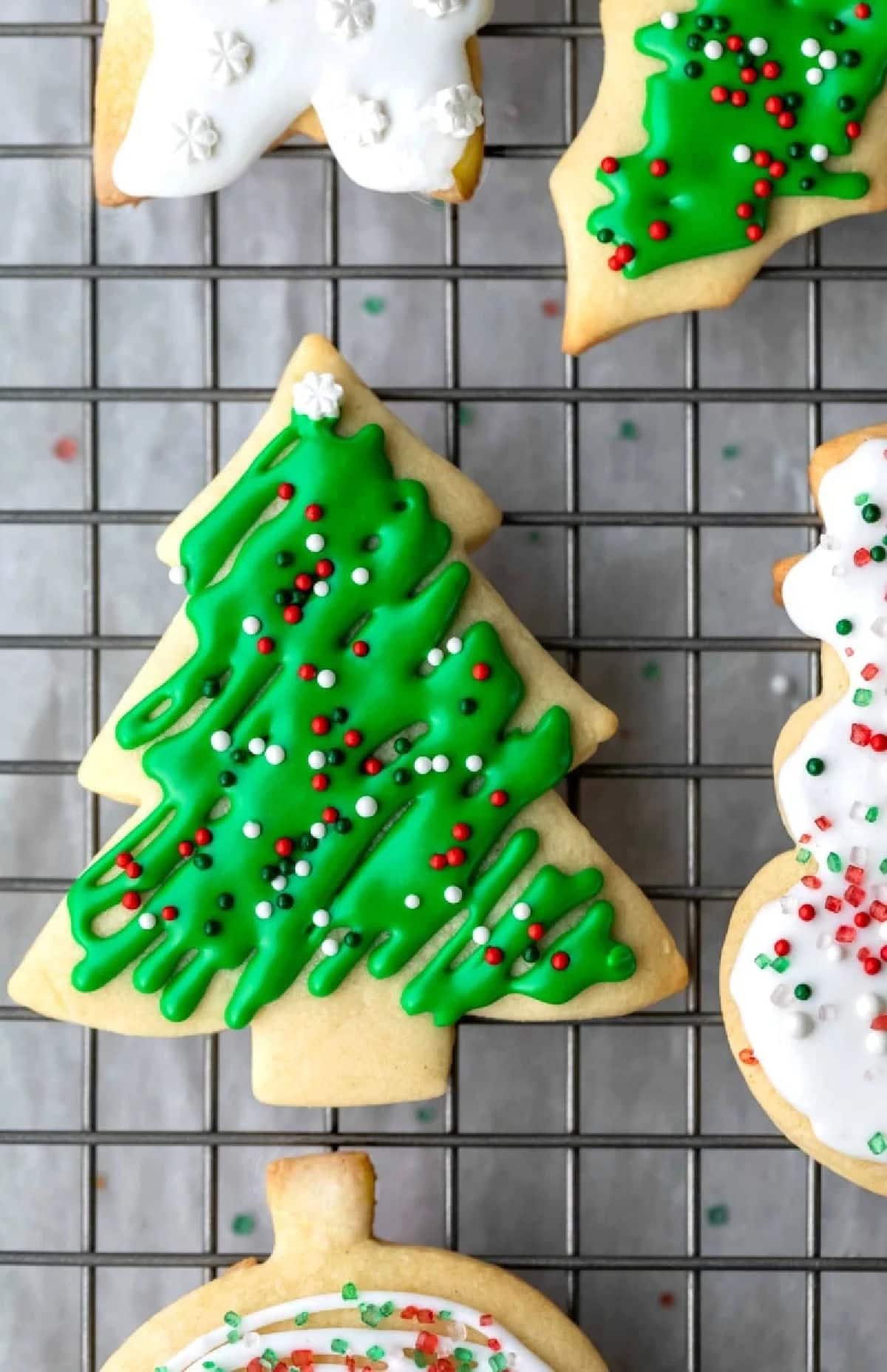 No Chill Sugar Cookie Recipe Tree shaped sugar cookie with green icing.