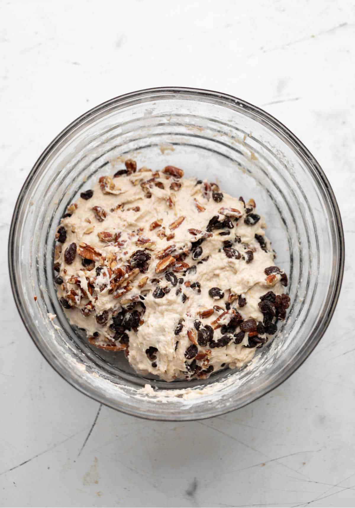 Raisins and chopped pecans in no knead bread dough. 