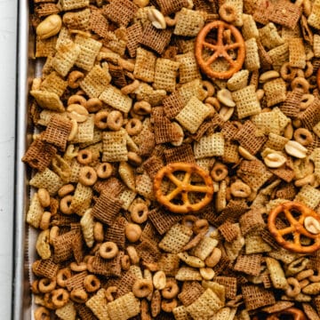 A pan of slow cooker chex mix.