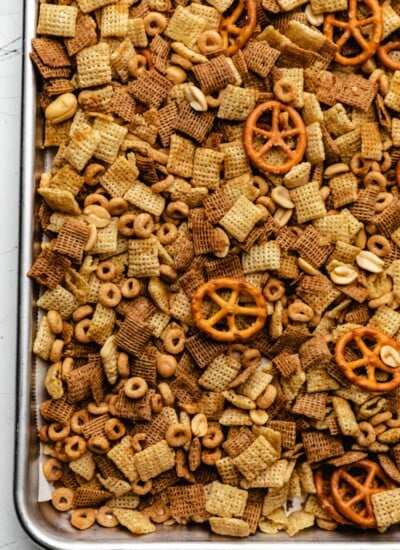 A pan of slow cooker chex mix.