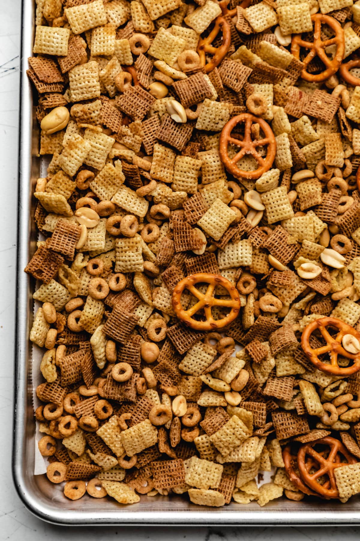 A pan of slow cooker chex mix.