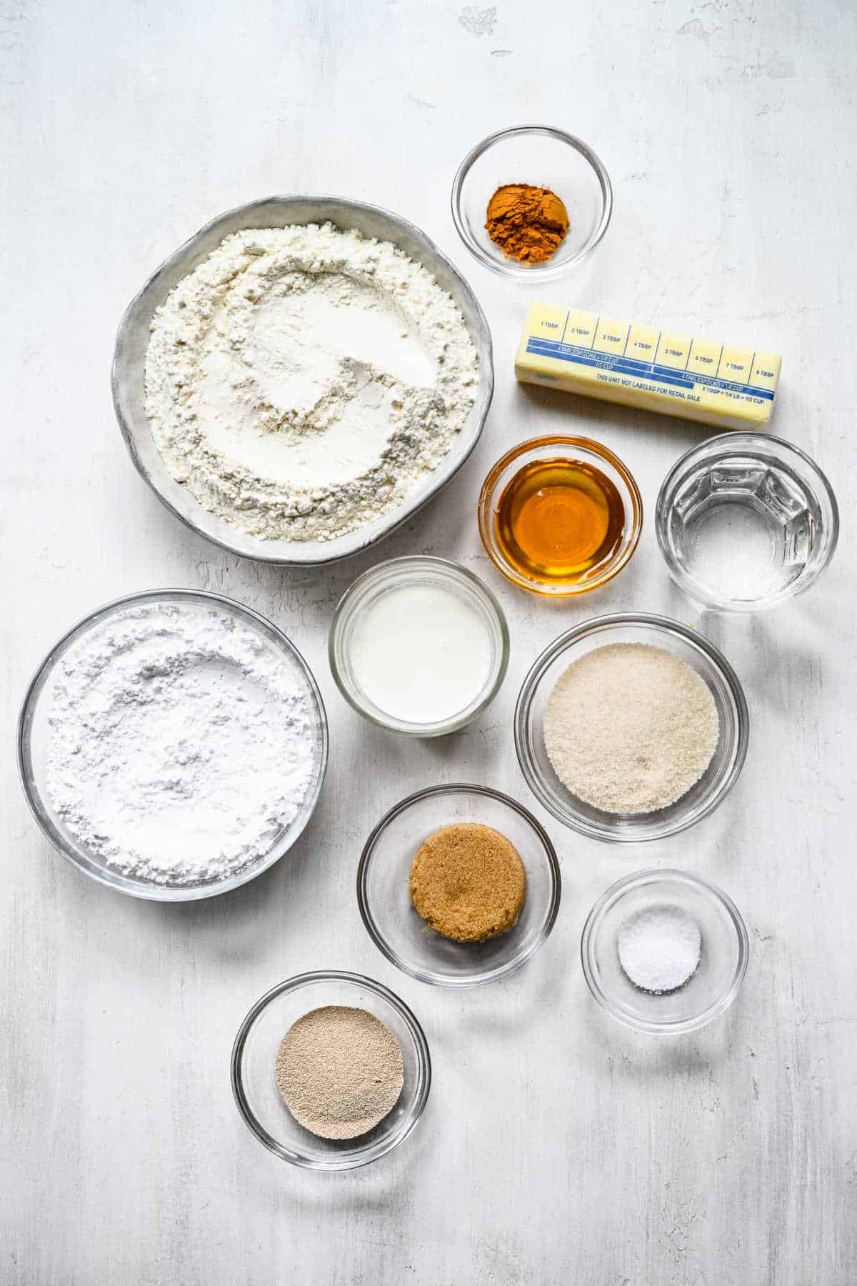 Ingredients for honey buns in dishes. 