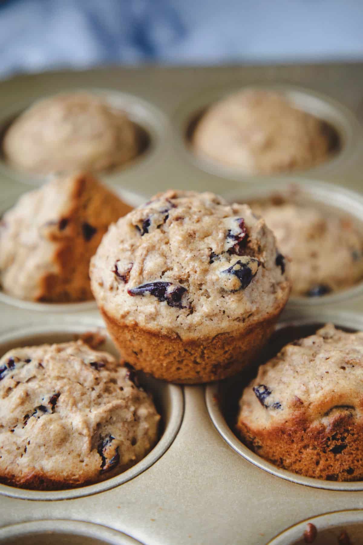 A bran muffin sitting on top of a pan of muffins. 