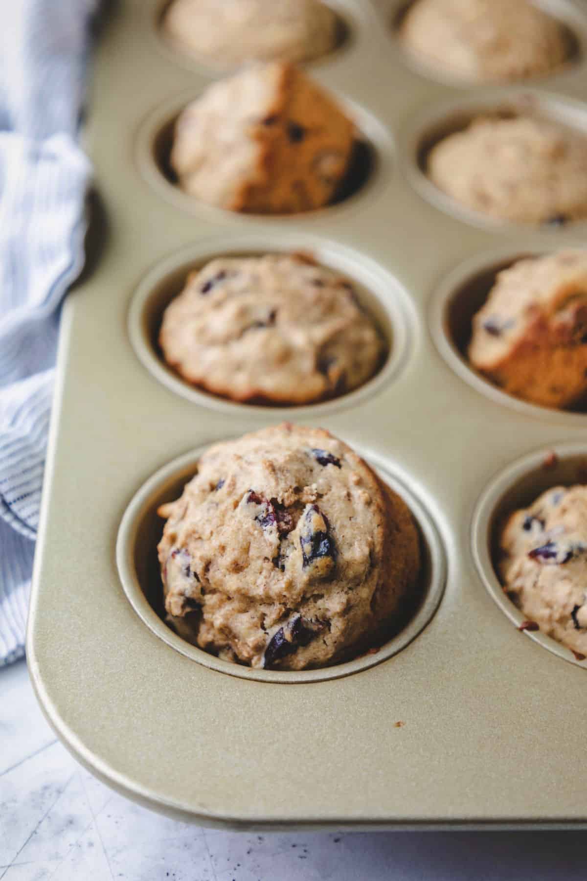 A bran muffin turned onto its side in a muffin tin. 