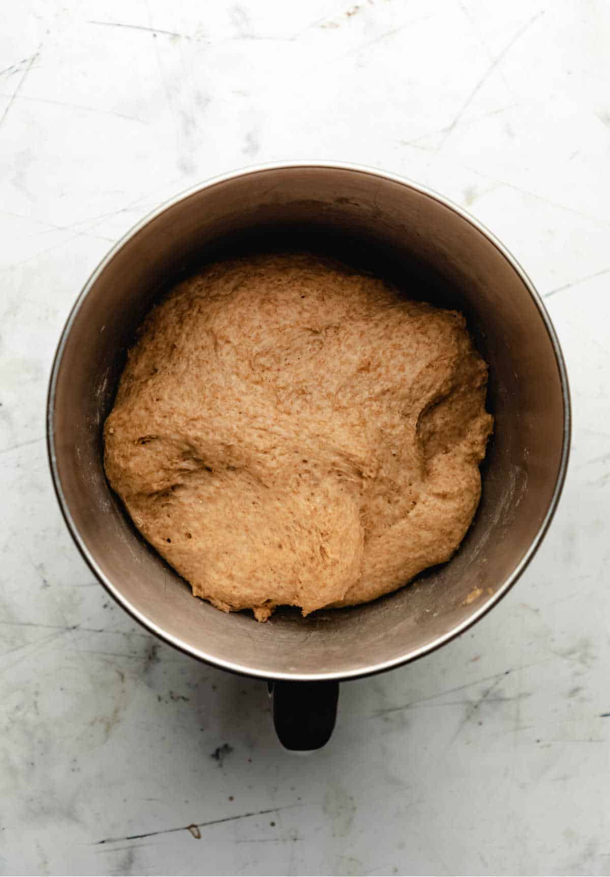 Risen whole wheat dough in a silver mixing bowl.