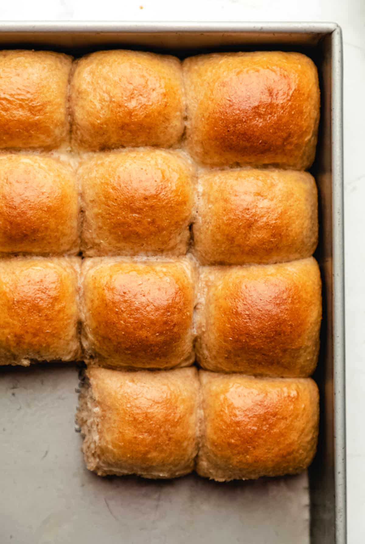 A pan of whole wheat dinner rolls with part of the rolls missing. 