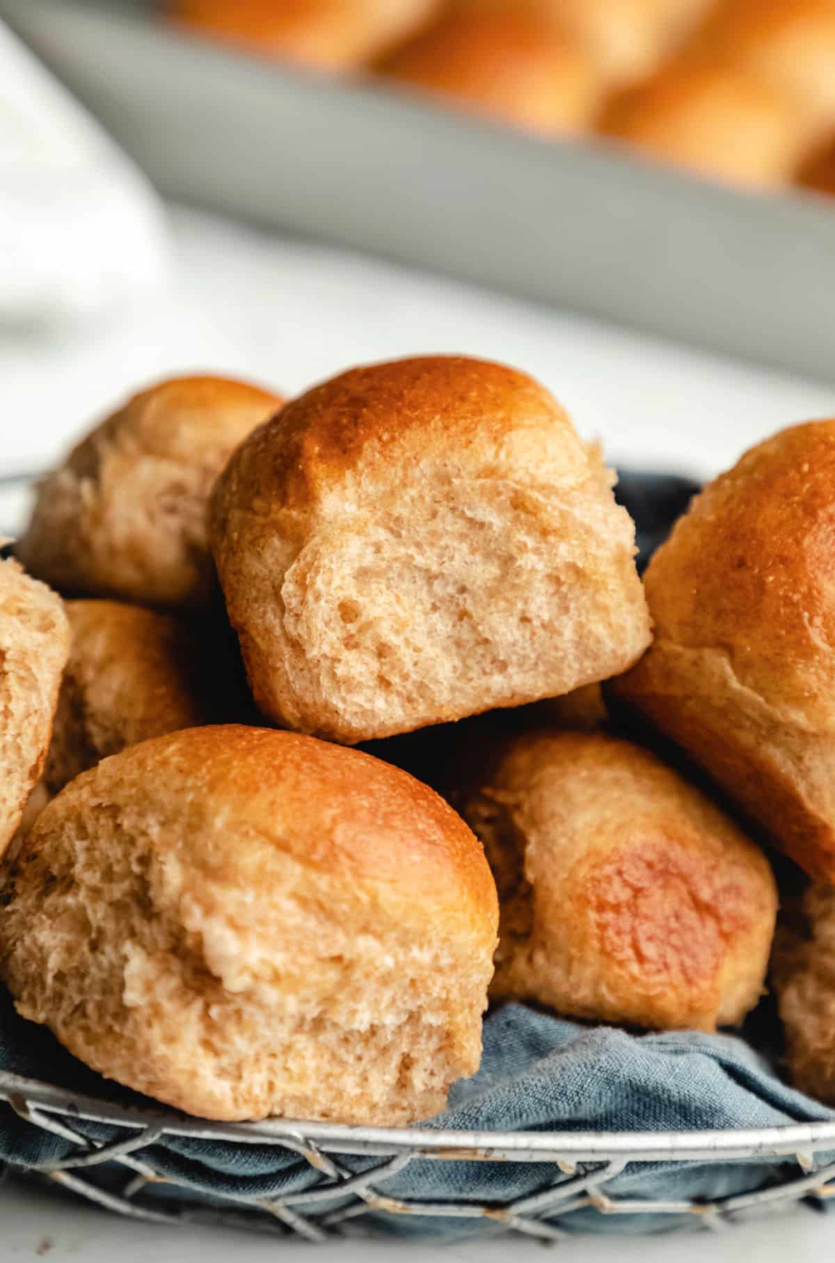 A bread basked filled with honey wheat rolls.