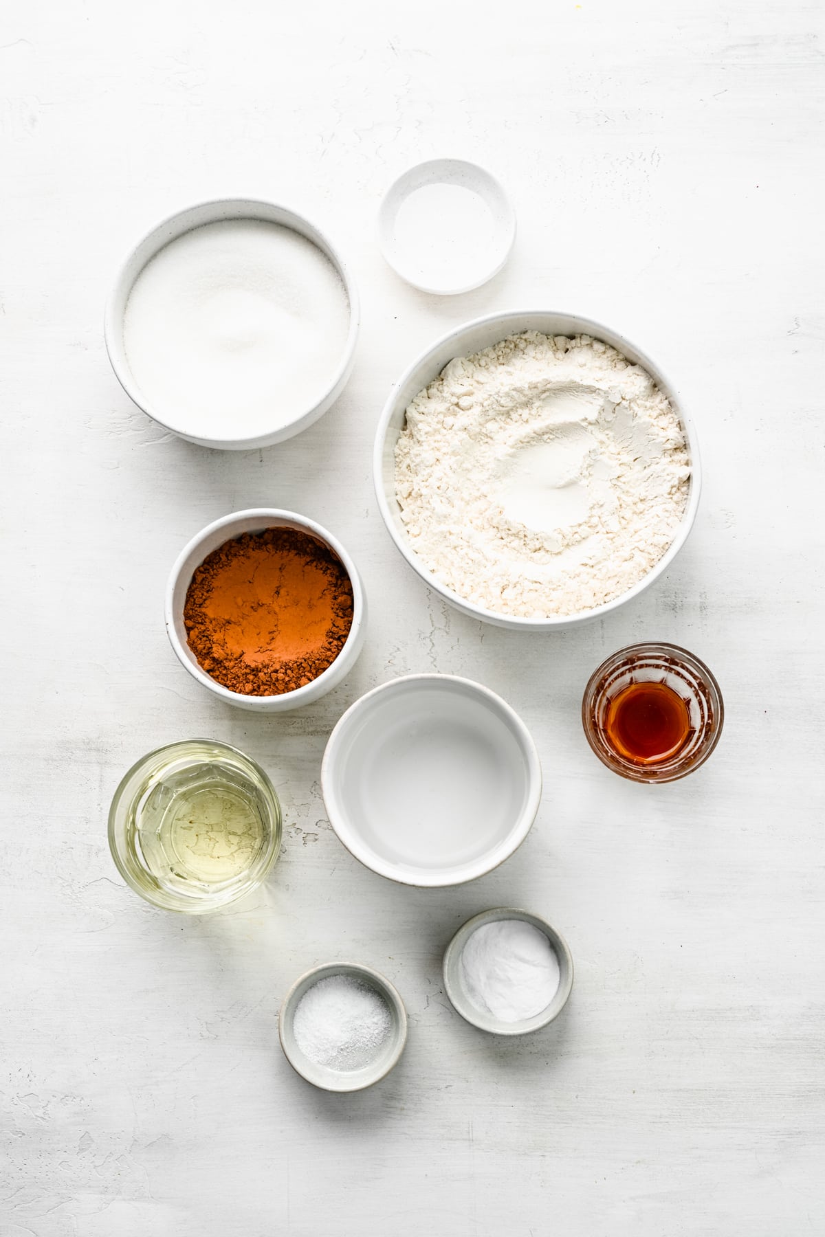 Ingredients for wacky cake in dishes.