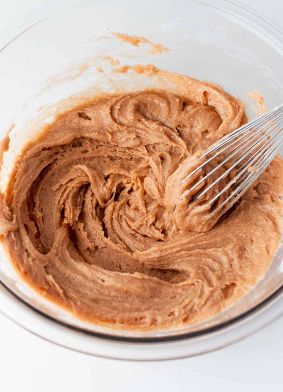 Dry ingredients whisked into butter sugar mixture. 