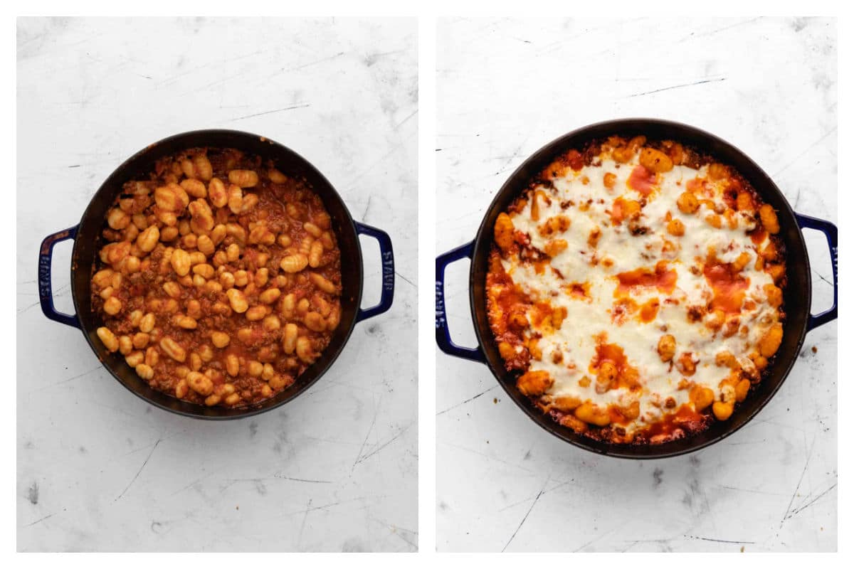 Gnocchi in sauce in a pan next to baked gnocchi in a pan.