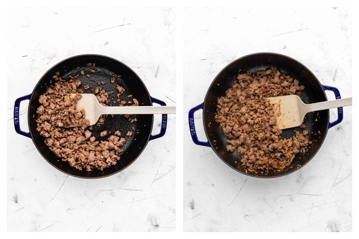 Italian sausage sauteing in a pan next to garlic stirred in.