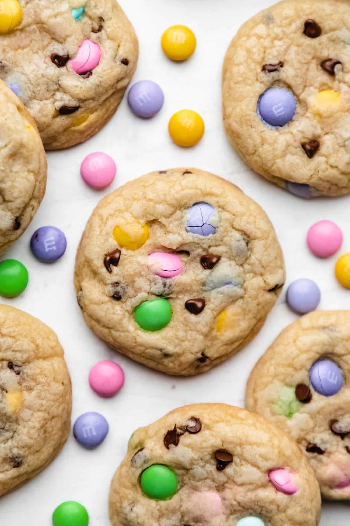 Easter M&M cookie surrounded by Easter M&Ms.