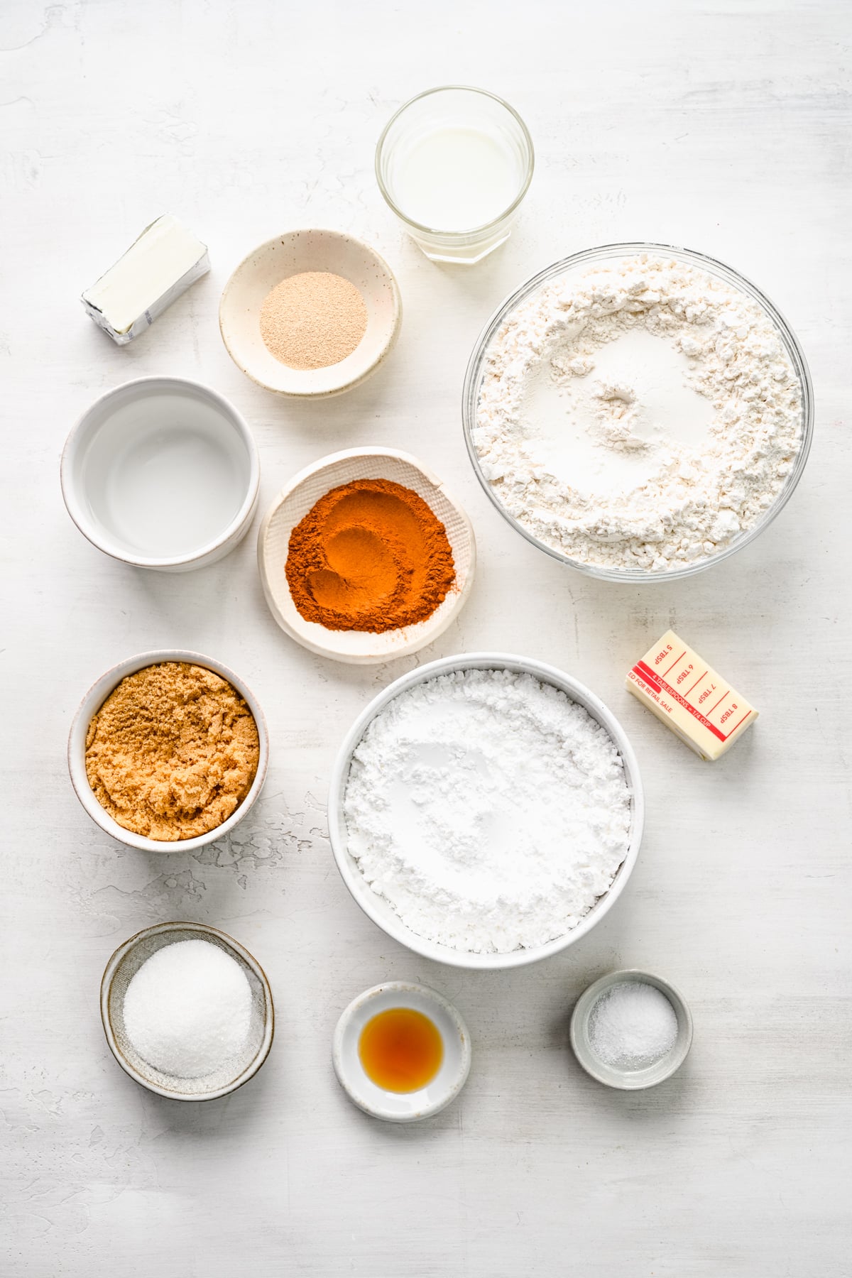 Ingredients for cinnamon rolls in dishes.
