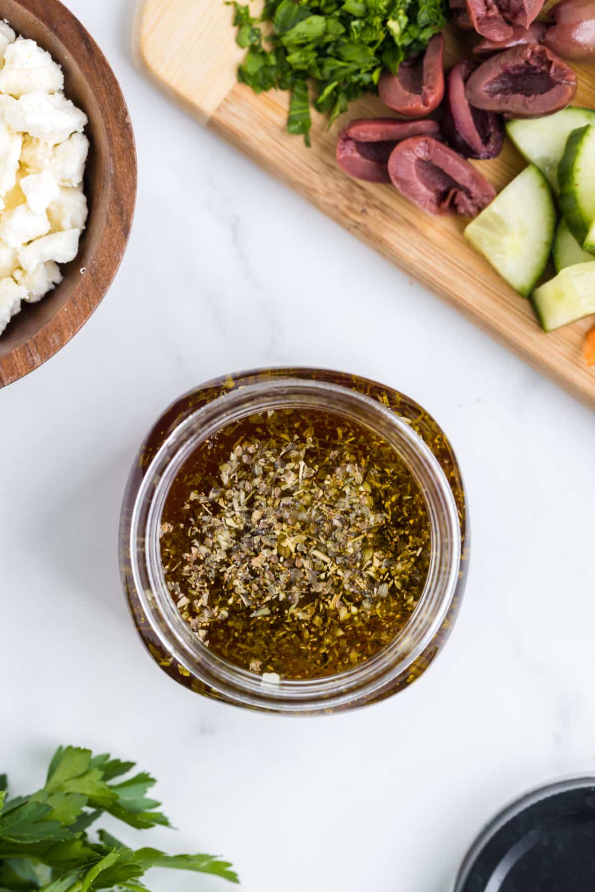 Greek pasta salad dressing in a jar.