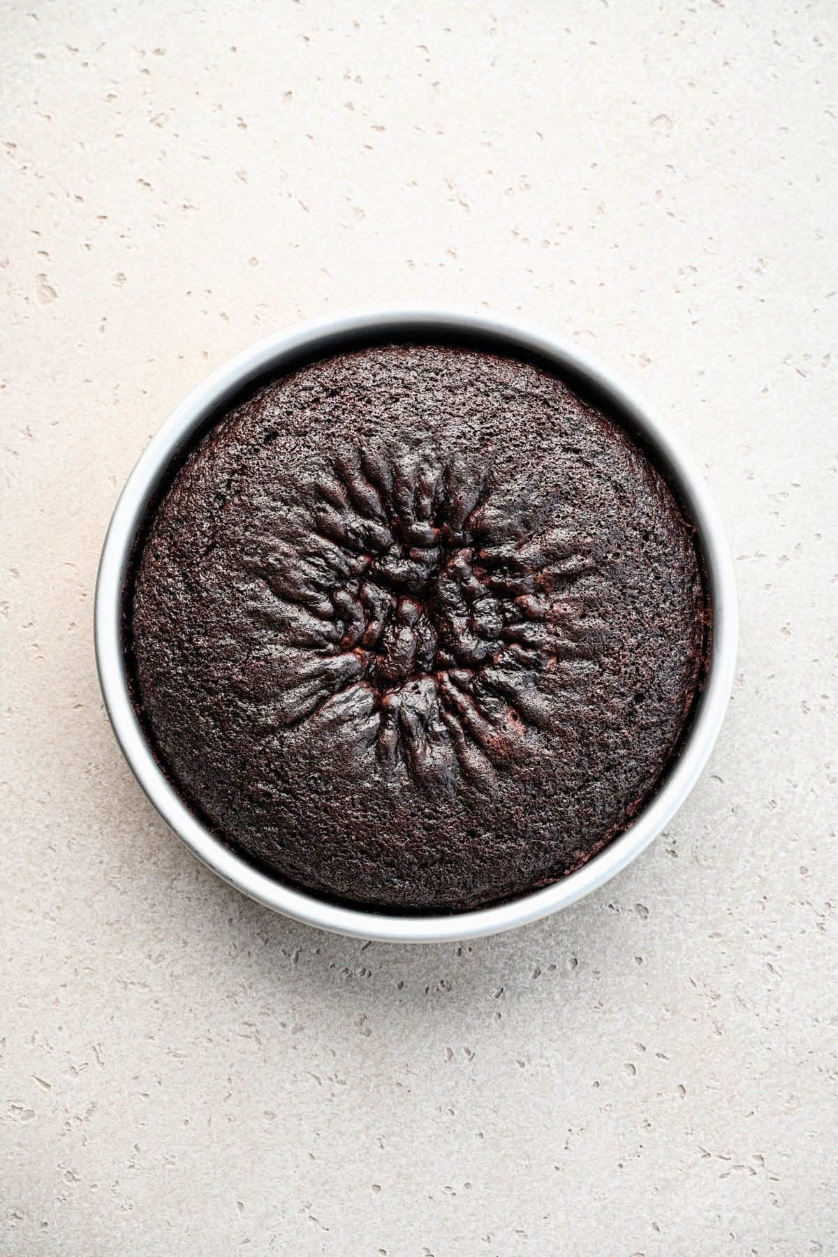 Baked chocolate cake in a pan. 