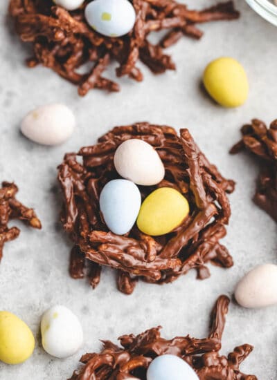 Bird's nest cookie with 3 Cadbury mini eggs in it.