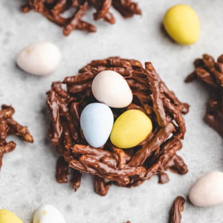 Bird's nest cookie with 3 Cadbury mini eggs in it.