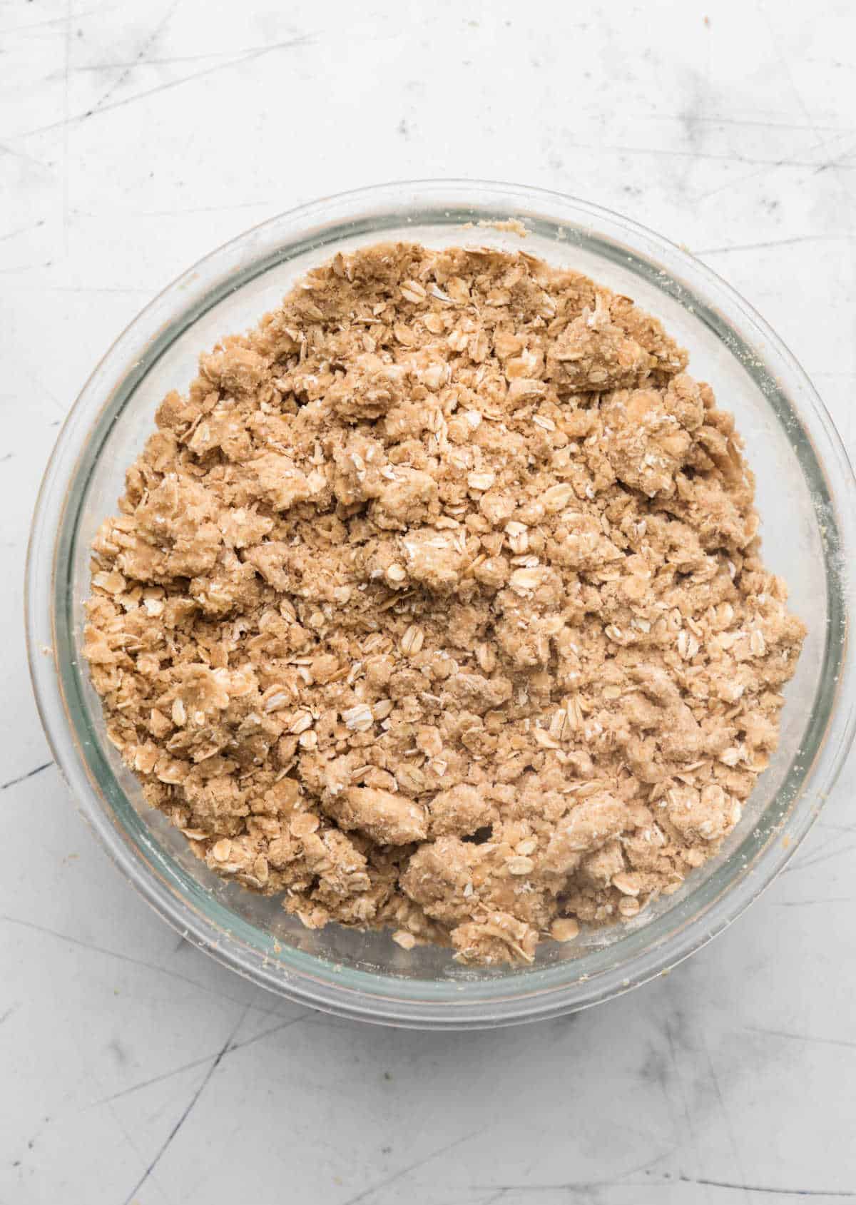Crisp topping in a glass bowl.