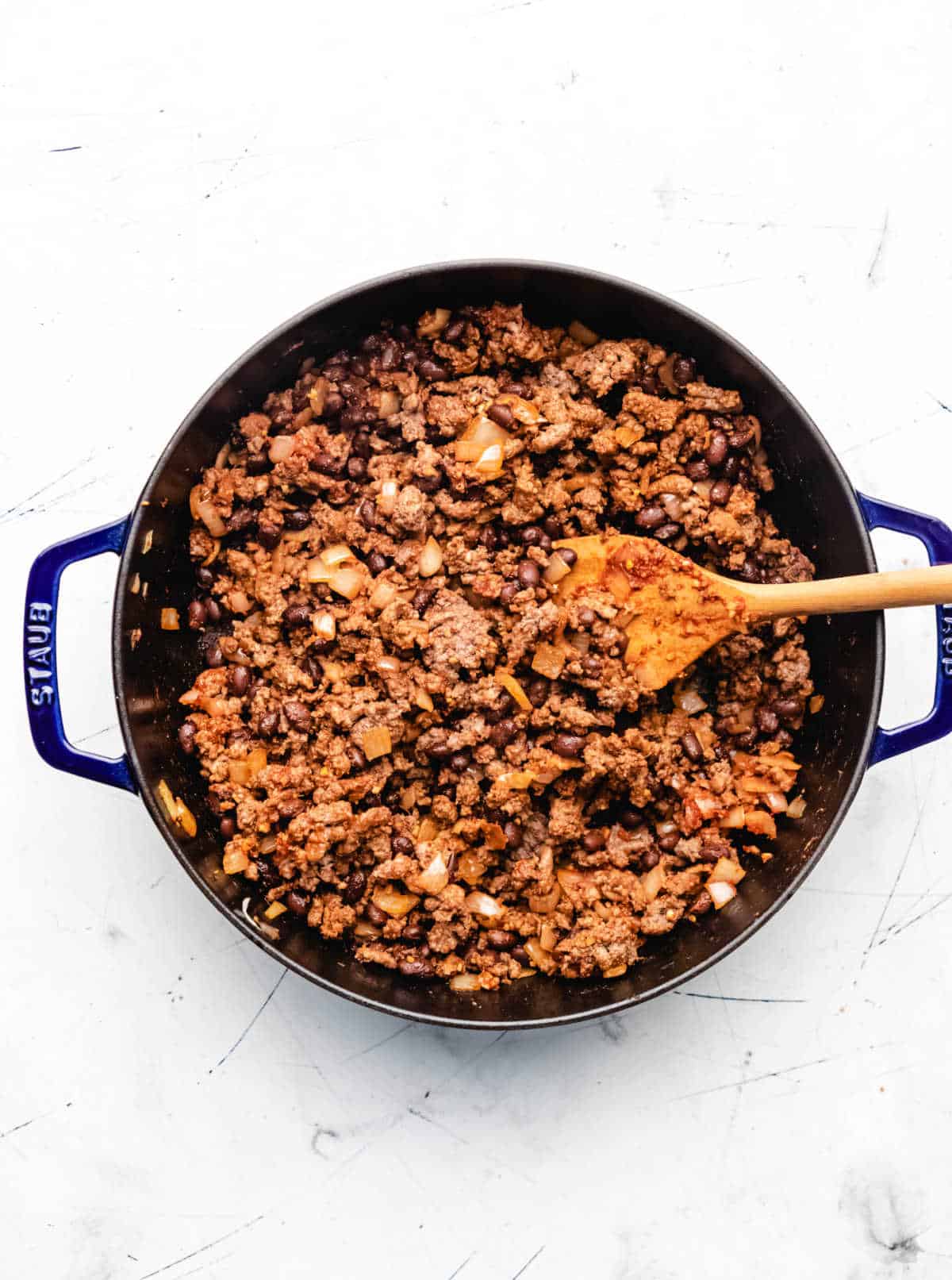 Tomato ground beef mixture in a skillet. 