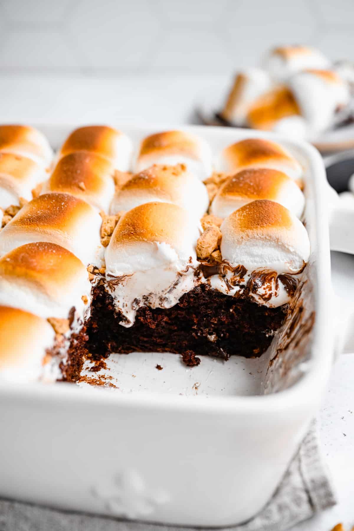 S'mores cake in a cake pan with a couple of pieces missing. 