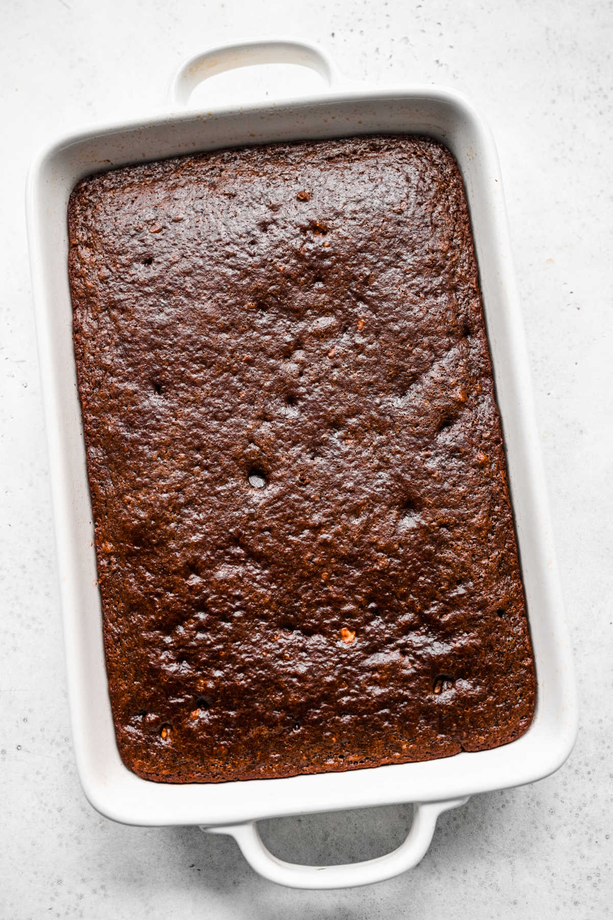 Baked chocolate cake in a white cake pan. 