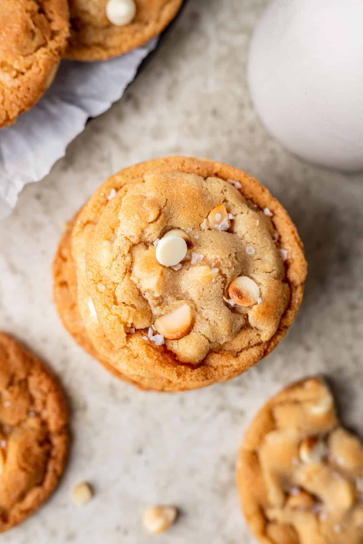 A stack of white chocolate macadamia nut cookies.