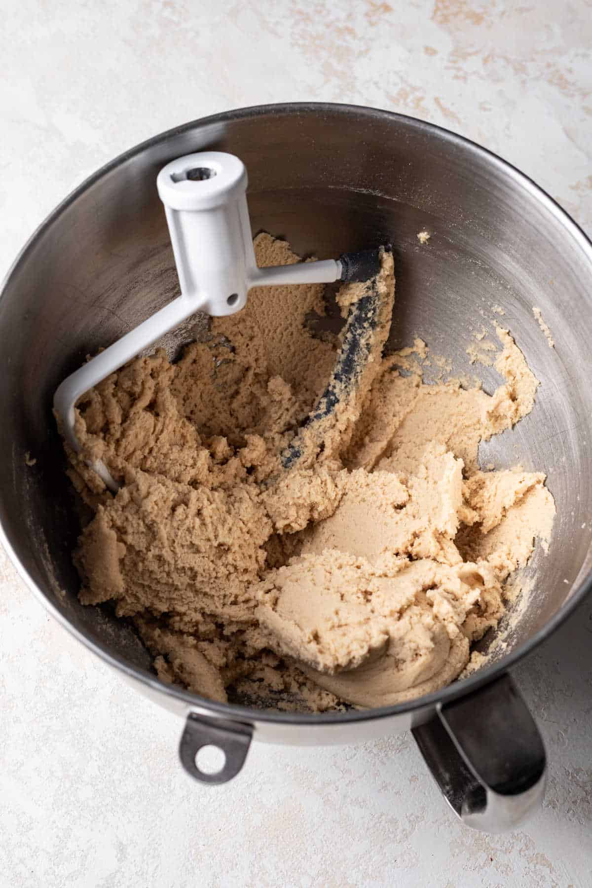 Dry ingredients mixed into butter and sugar mixture.